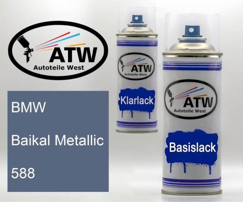 BMW, Baikal Metallic, 588: 400ml Sprühdose + 400ml Klarlack - Set, von ATW Autoteile West.